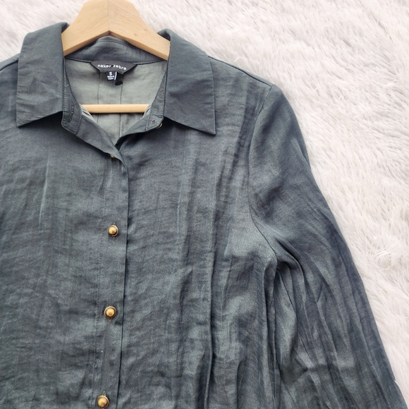 Naked Zebra Dark Green Silky Button Front Top - Picture 3 of 8